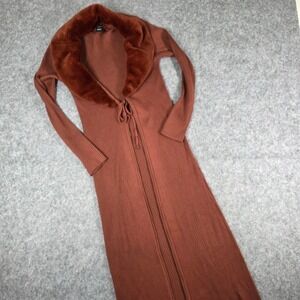 Duster Maxi Cardigan Sweater Rust Brown Removable Faux Fur Ribbed sz Medium Y2K